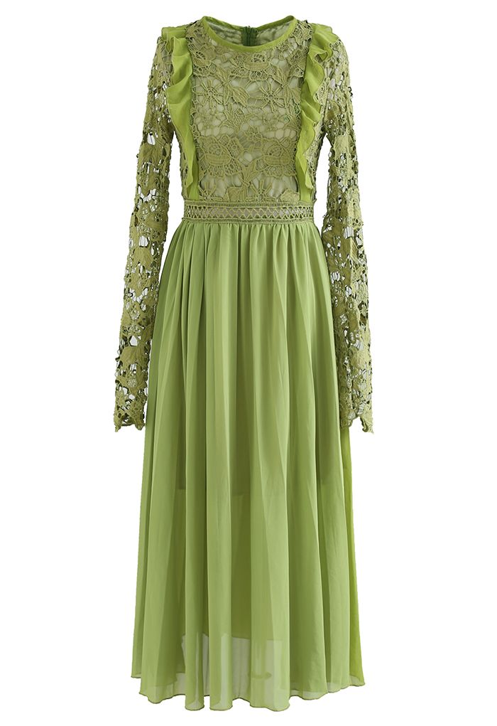 Vestido midi plissado plissado de chiffon floral de crochê em verde