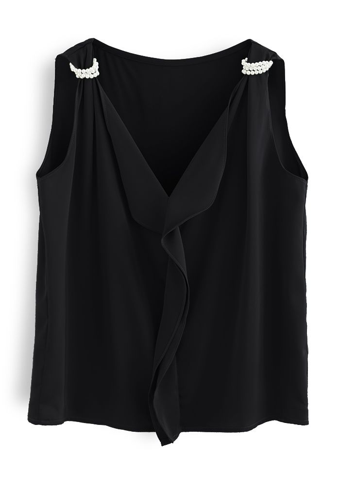 Blusa sem manga com decote com babados e decoração pérola em preto