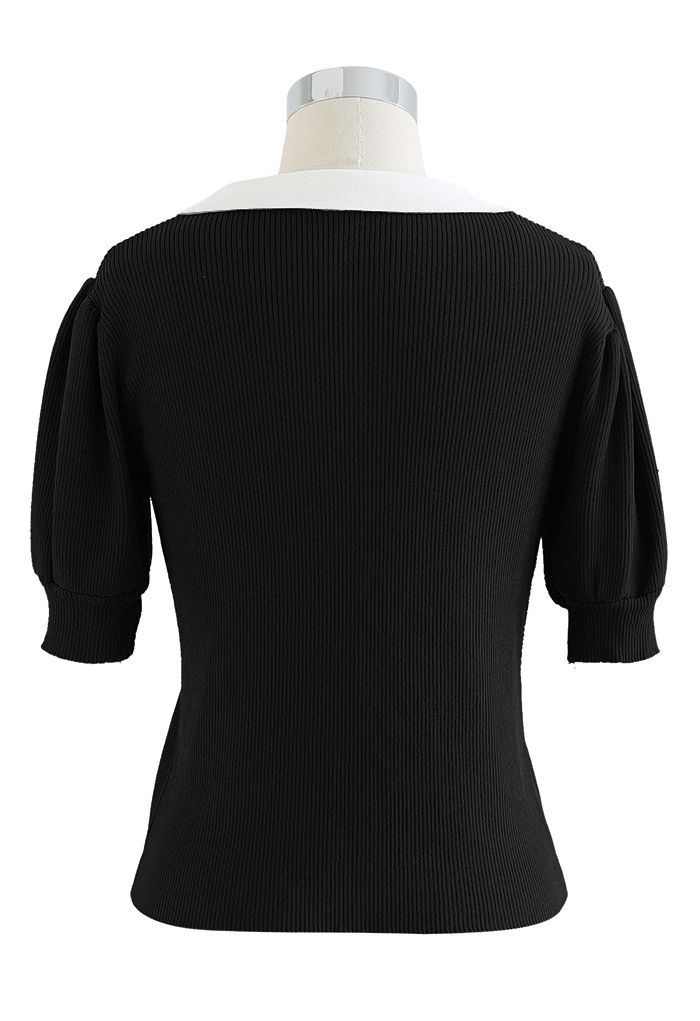 Blusa de malha de manga curta com gola contrastante em preto