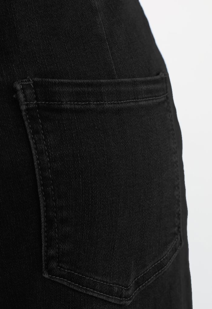 Calça Jeans Flare Bolso Clássico Tassel Hem em Preto