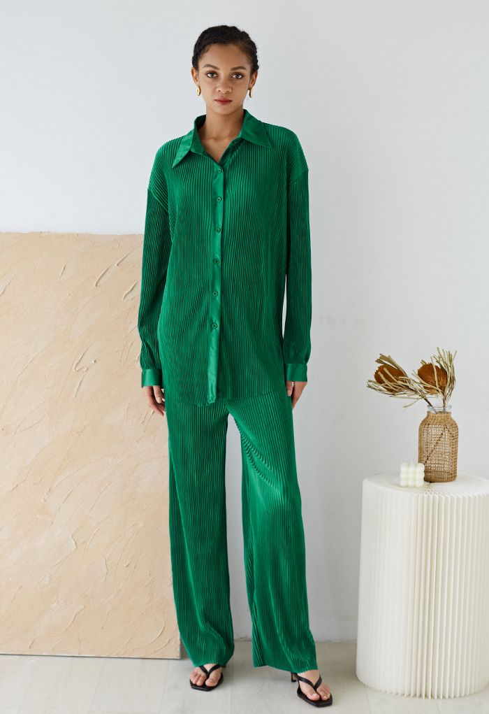 Conjunto de camisa e calça de plissado completo em esmeralda