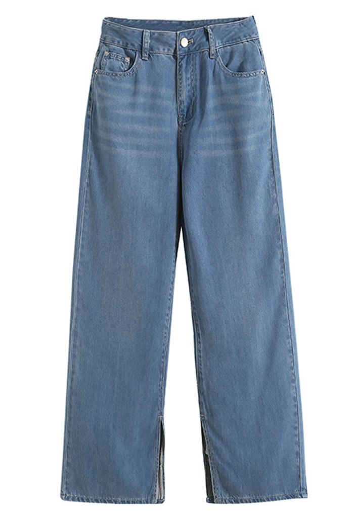 Jeans retrô azul com fenda larga