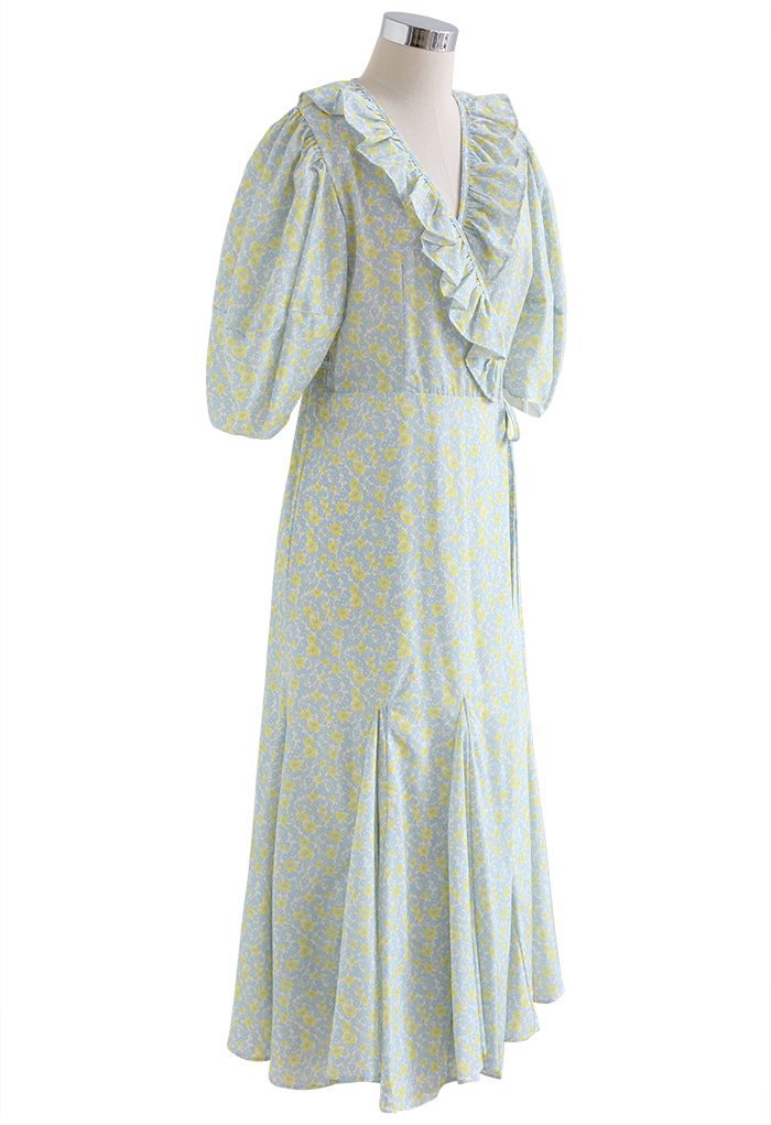 Vestido de chiffon Floret com decote em V e babados em azul claro