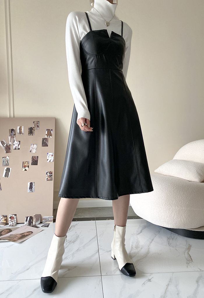 Vestido Cami com detalhe de costura de couro PU em preto