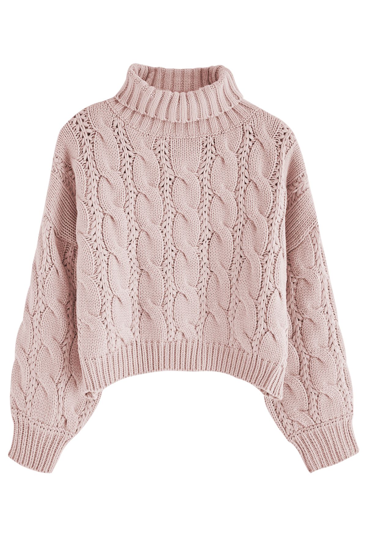Suéter de tricô trançado gola alta em rosa