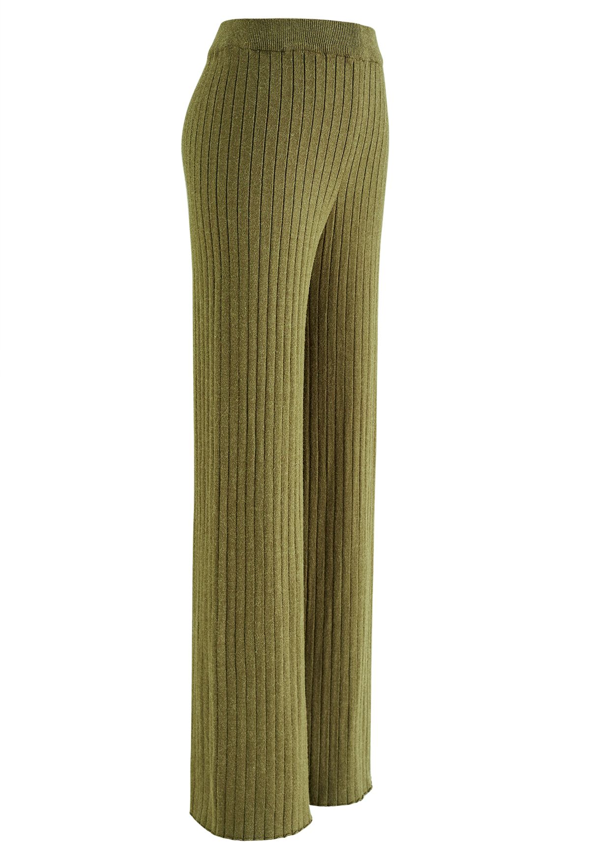 Calças de malha de perna reta com nervuras em verde musgo
