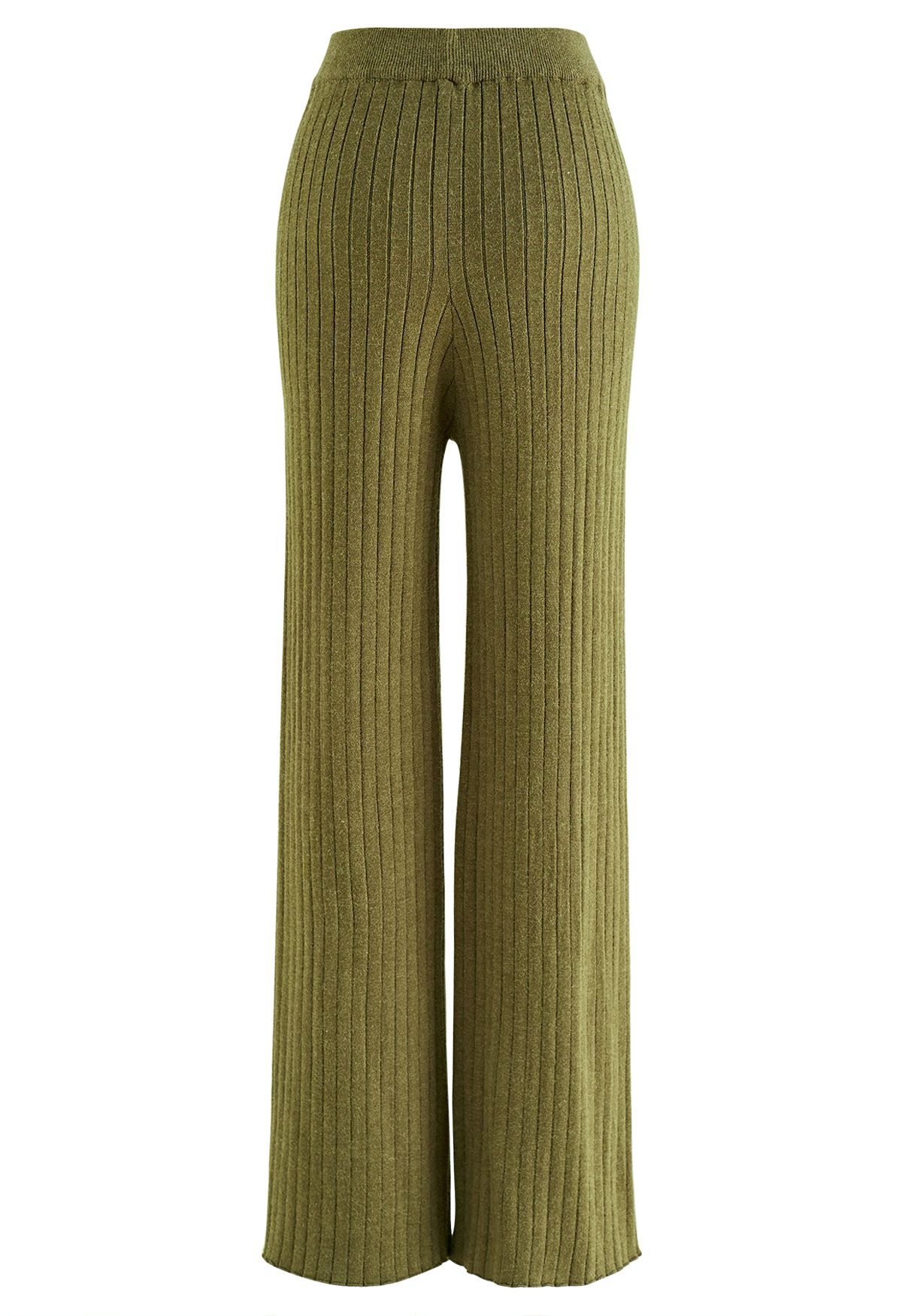 Calças de malha de perna reta com nervuras em verde musgo