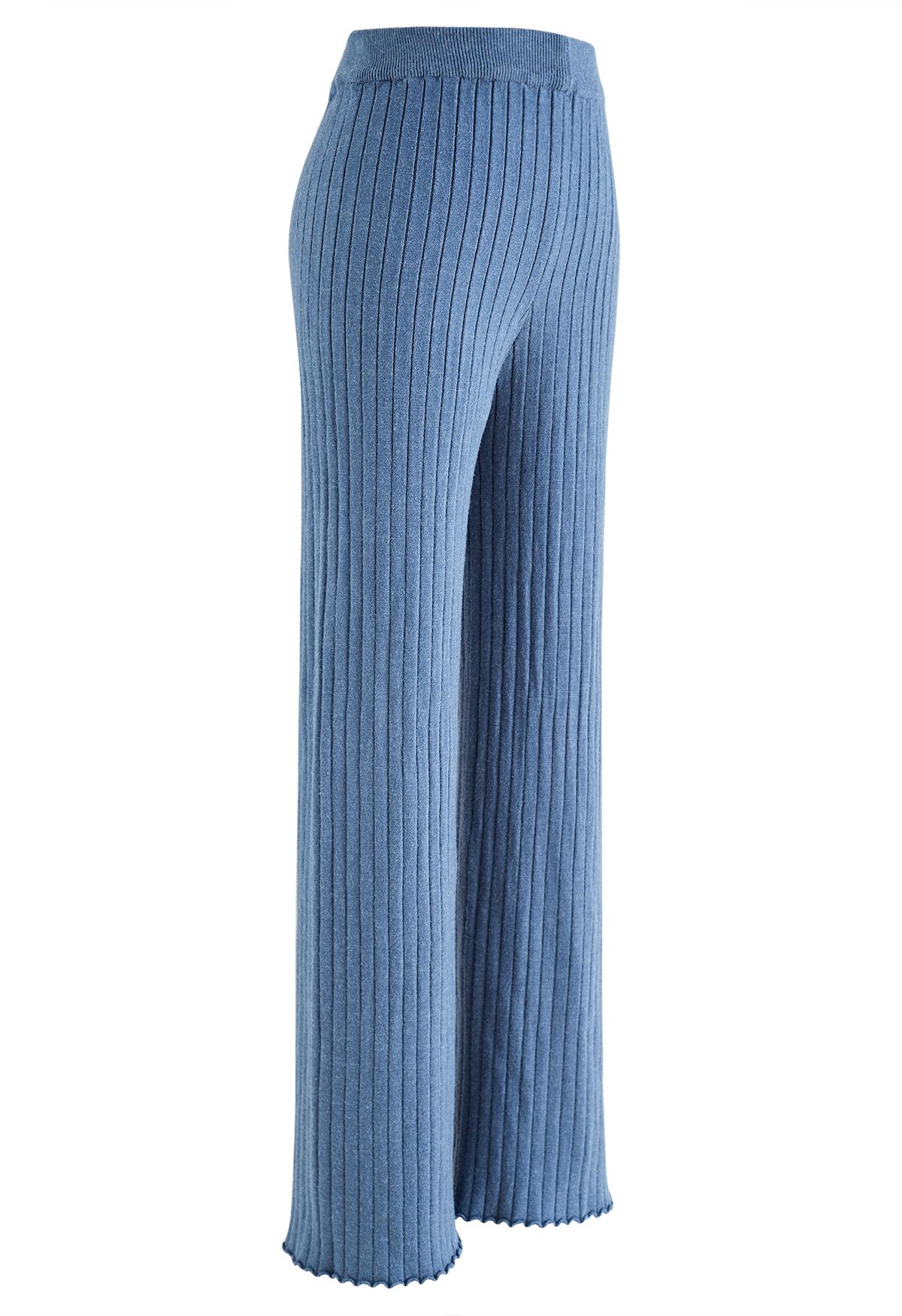 Calças de malha de perna reta com nervuras em azul