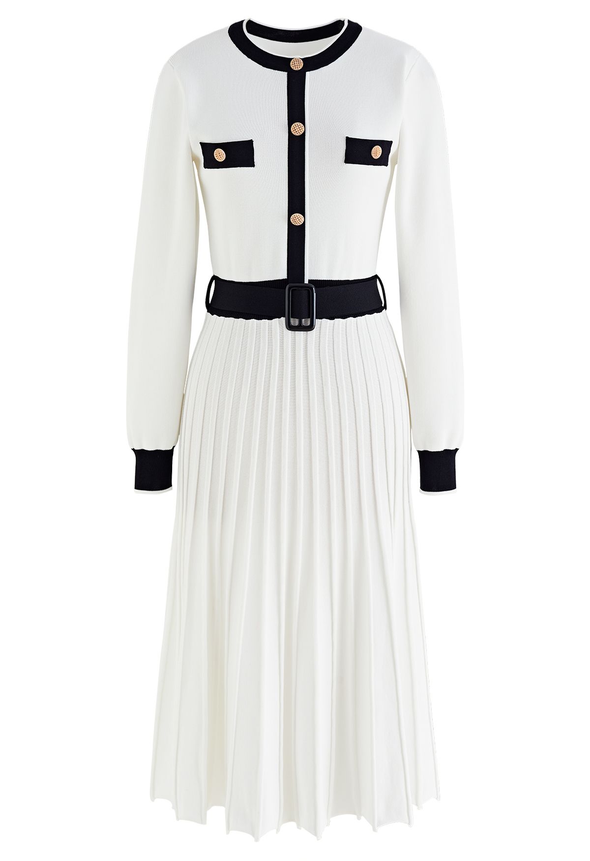 Vestido de malha plissado de cor contrastante com cinto em branco