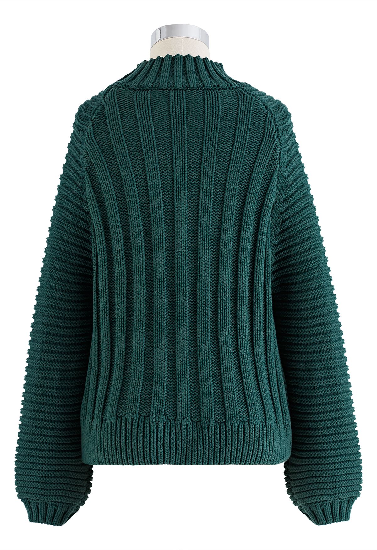 Suéter de malha grossa de gola alta com nervuras exagerada em verde escuro