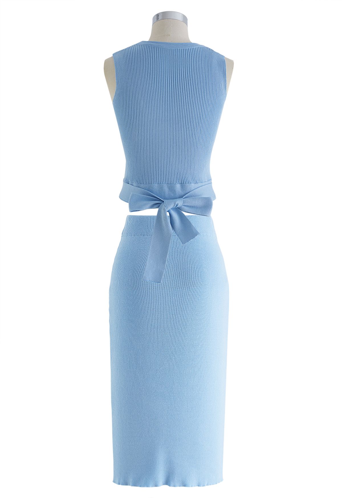 Tie Waist Knit Top and Pencil Skirt Set in Blue