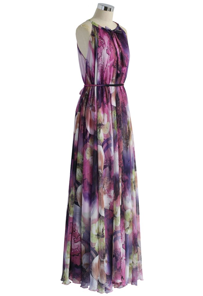 Vestido Misterioso Roxo Floral Maxi Slip Dress