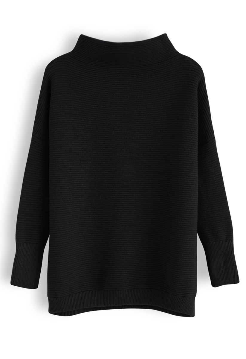 Suéter de gola alta com nervuras aconchegante em preto