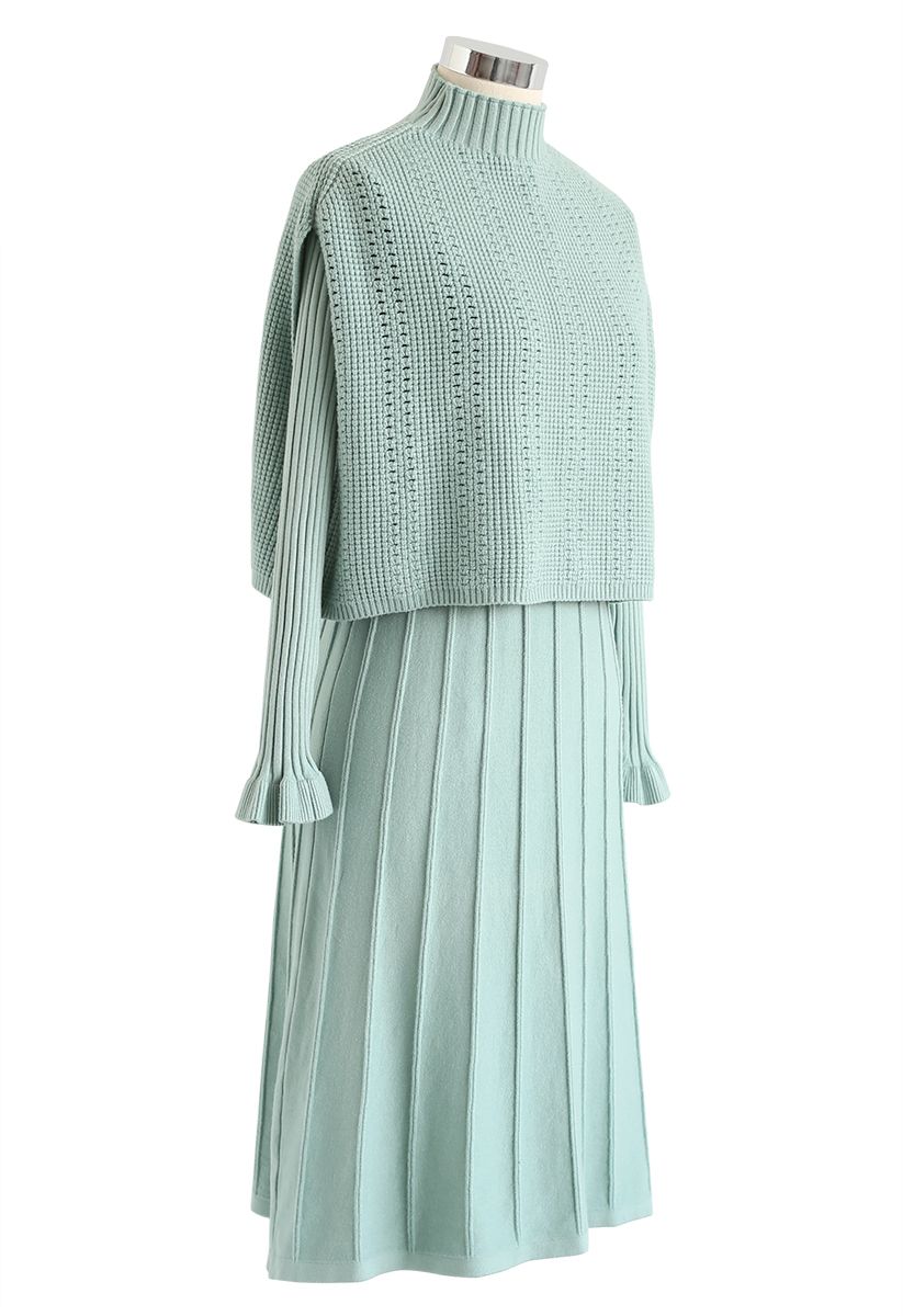 Vestido de malha plissada com decote simulado em menta