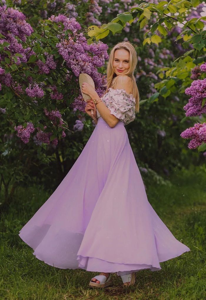 Saia Maxi Chiffon favorita atemporal em lilás