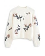 Suéter de malha bordado com estampa floral digital em creme