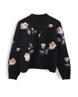 Suéter de malha bordado com estampa floral digital em preto