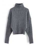 Suéter de tricô com gola alta mangas morcego cinza