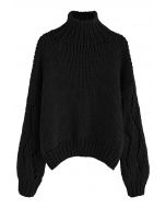 Suéter de tricot à mão Pointelle manga gola alta em preto