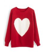 Suéter oversized de malha de nervuras de um coração em vermelho