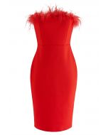 Vestido de festa Feather Trim Bodycon Tube em Vermelho