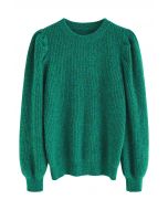 Suéter malha canelada com mangas bufantes em verde