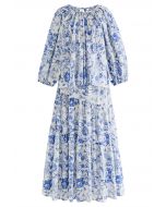 Spring Garden Printed Top and Maxi Skirt Set in Blue