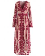 Vestido maxi de malha com decote em V floral bordado em vinho
